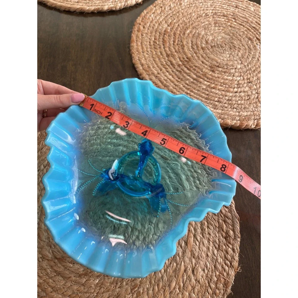 Vintage Blue Opalescent Glass Ruffled Footed Candy Dish Compote